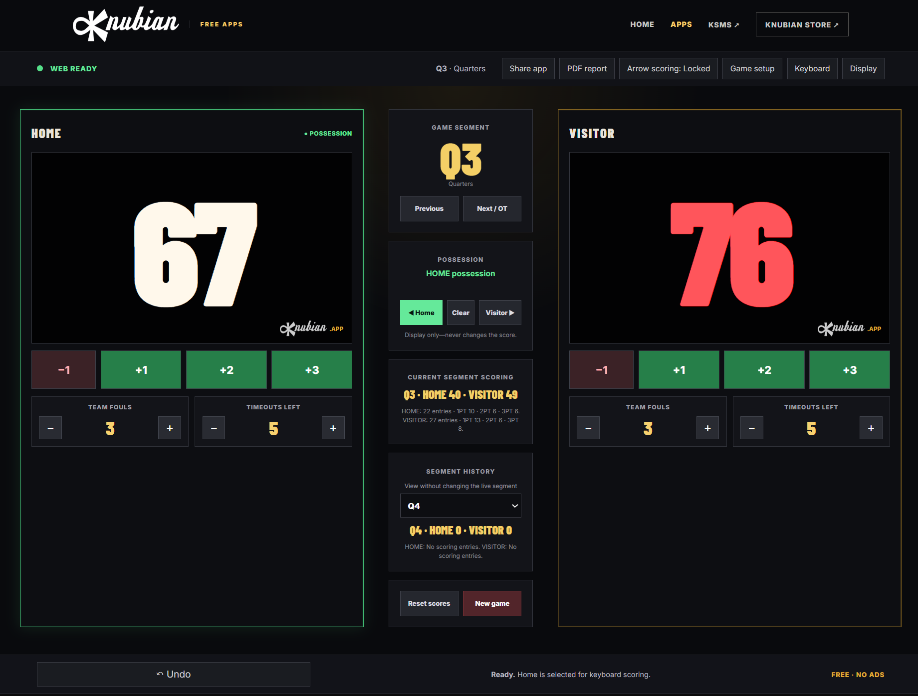 Knubian Basketball Scorekeeper showing scores, possession, fouls, timeouts, and game segments